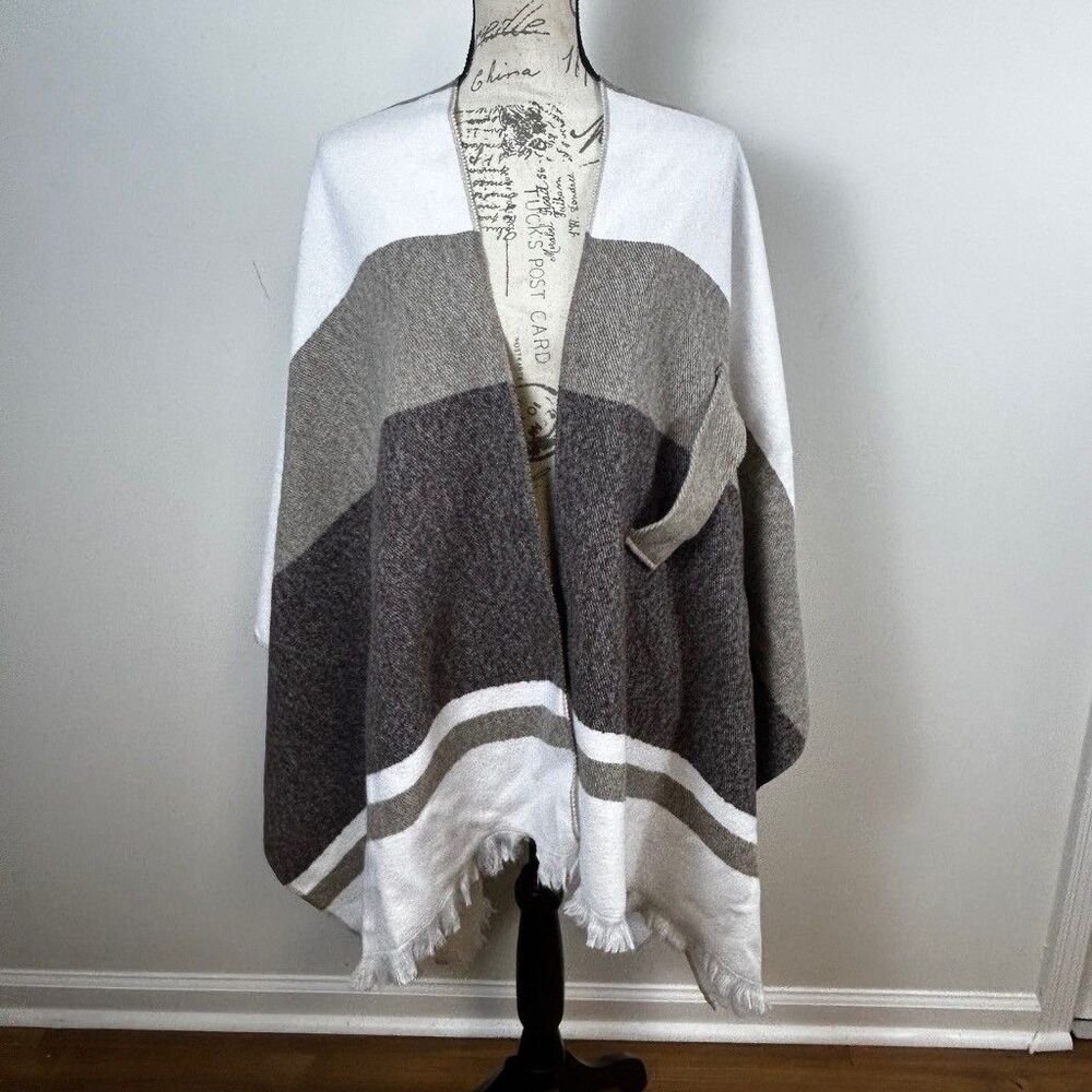Women Striped Knit Poncho Cape Shawl Wrap Fringe Trim Gray White Brown